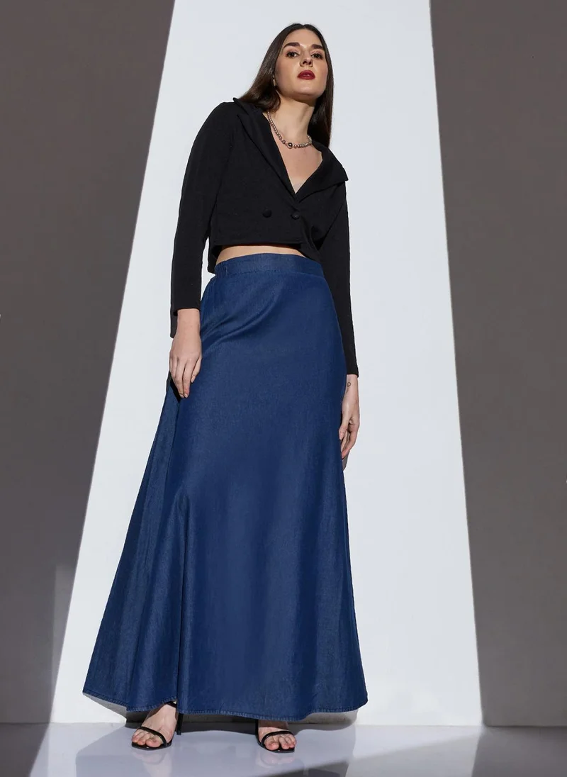 globus Globus Women Med Blue Mid-Rise Solid A-Line Denim Maxi Skirt